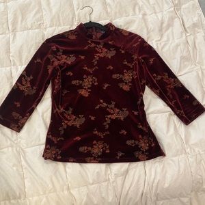 Burgundy velvet Anthropologie Asian inspired top. Size M.